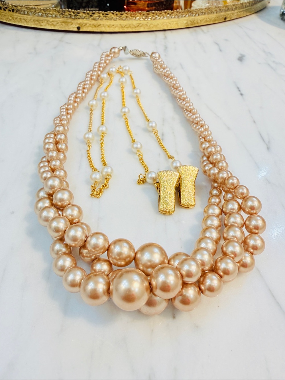 Vintage Signed Pink Pearl Triple Strand Necklace and Sweater Guard/Clip